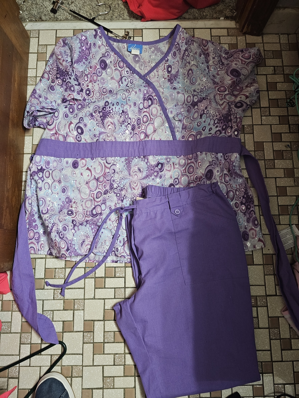Purple Patterned Scrub Top with Solid Purple Scrub Pants